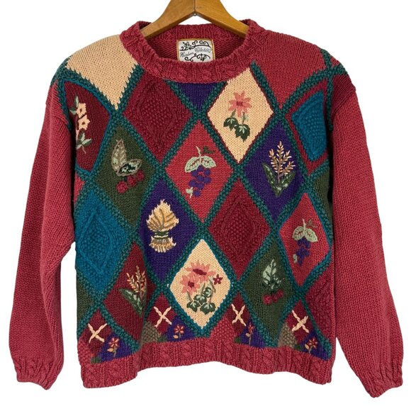 Vtg 90s Heirloom Collectibles Floral Patchwork Knit Sweater Sz Small Embroidered - Picture 1 of 11